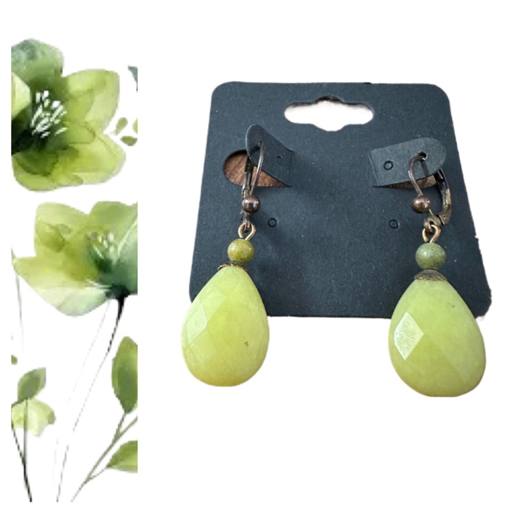 Green Oval Faceted Resin & Jade Bead Lever Back Earrings.  Copper Tone